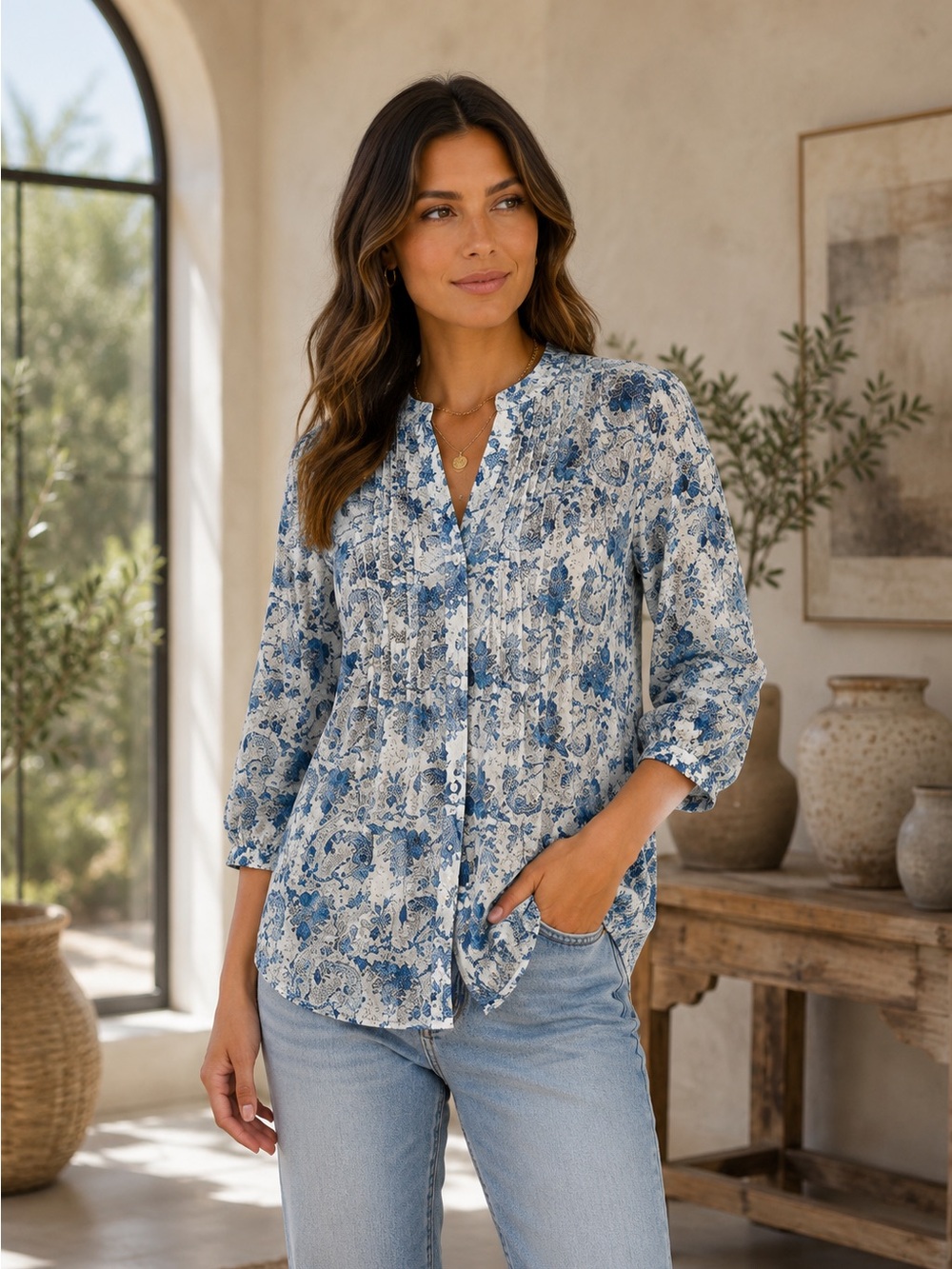 Blue Reverie Woven Floral Print Button-Up Blouse